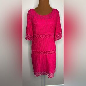 Laundry Shelli Segal Dress Pink Crochet Floral Knit Short Sleeve Sheath Size 6